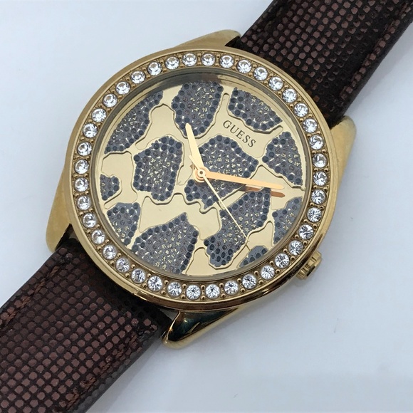 Guess Women Watch Bling Crystal Accents Brown Band - Picture 2 of 8